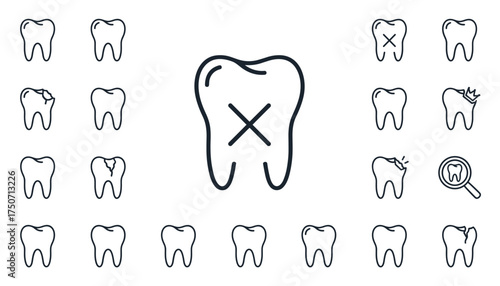 Tooth icon set. Dental care line icons. Stomatology collection. Oral hygiene, toothache, caries, broken, cracked tooth, extraction. Healthy teeth. Dentistry vector signs.