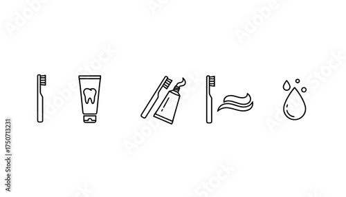 Dental care line icon set. Toothbrush and toothpaste. Oral hygiene concept. Teeth cleaning. Stomatology pictogram. Dentist graphic symbol. Health care vector illustration.