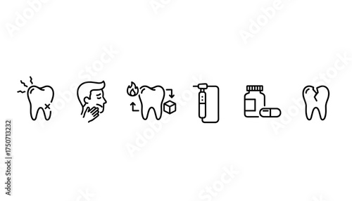 Toothache and dental problem vector icon set. Line symbols for oral pain, tooth decay, cracked tooth, sensitivity, dentist treatment, drill, painkillers, and dental disease.