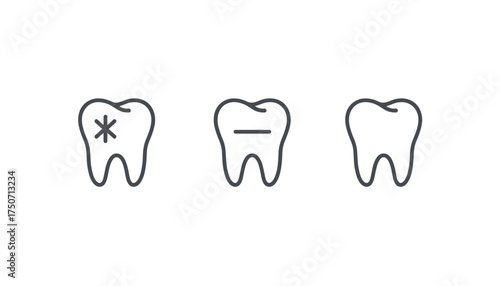 Tooth icon set. Dental care and hygiene concept. Healthy tooth, tooth with cavity and decay, sensitive tooth with pain symbol. Vector line icons for dentistry, stomatology.