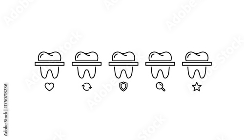 Tooth care icon set. Dental services vector line symbols. Dentistry, oral hygiene, and stomatology concepts. Tooth protection, check-up, restoration, review, and favorite icons.