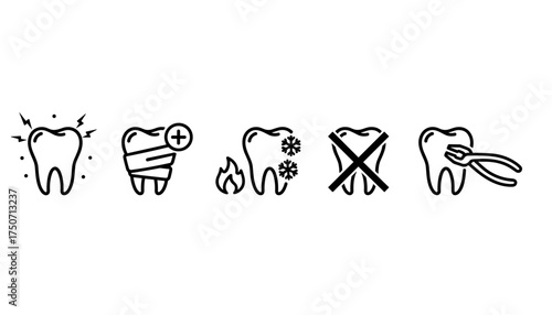 Toothache line icon set. Dental problems, pain, sensitivity to cold and hot. Teeth treatment, extraction, crown, filling. Stomatology, dentistry vector symbols for health care.