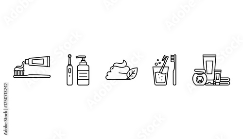 Toothpaste and toothbrush line icon set. Vector collection of dental care symbols. Oral hygiene, stomatology, dentist concept. Electric toothbrush, floss, mouthwash outline pictograms.