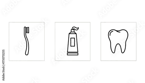 Dental care hygiene vector icon set. Thin line art collection with toothbrush, toothpaste tube and tooth symbol. Oral health and dentistry concept illustration for clean teeth.