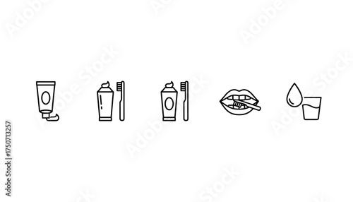Dental care line icon set vector illustration. Toothpaste and toothbrush icons for oral hygiene routine. Teeth brushing steps, mouth cleaning, and rinsing concept graphics.