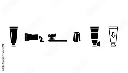 Toothpaste tube and toothbrush vector icon set. Dental oral hygiene and healthcare concept. Glyphs for brushing teeth, squeezing paste, and dental care product packaging.