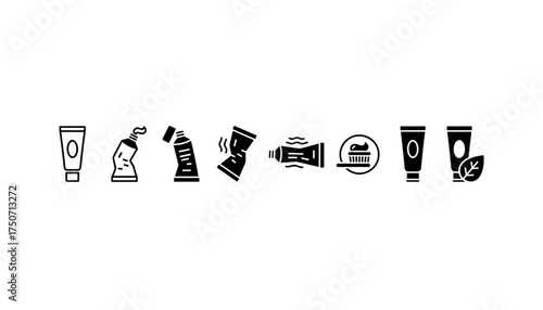 Toothpaste tube icon set. Vector glyphs for dental care and oral hygiene. New, used, empty, and squeezed cream tubes. Toothbrush with paste and natural product concept.