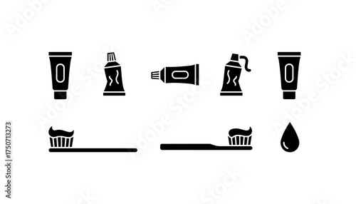 Toothpaste tube and toothbrush vector icon set. Dental care and oral hygiene concept. Brushing teeth glyphs. Black silhouette bathroom symbols for morning routine. Health.
