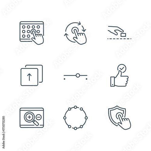 Touchscreen gesture vector icon set. UI UX optimization for mobile app development. Hand tap, drag, rotate gestures. Interface control, navigation, security, settings, approval symbols.