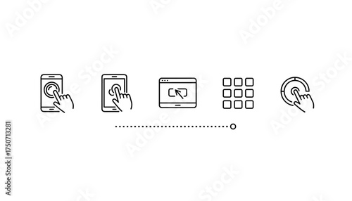 Touchscreen gesture icons vector set. Hand tap, swipe, and click for mobile app UI. User interface navigation and interaction symbols. Thin line art for web and mobile design.