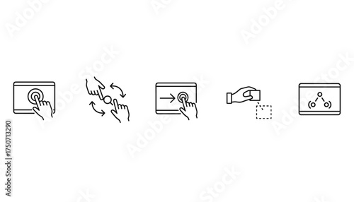Touch screen gesture icons set. Vector line icons for tap, swipe, rotate, drag and drop, share. UI UX design elements for mobile app, web. Smartphone, tablet control symbols.