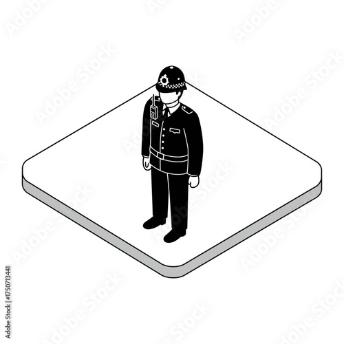 british policeman in uniform standing on a geometric platform representing law enforcement and public safety ideal for crime news or social commentary