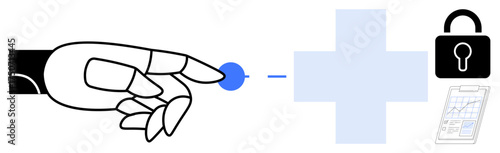Robotic hand touching blue dot, medical cross, padlock, and chart. Ideal for healthcare, innovation, AI, security digital transformation technology and automation themes. Simple flat metaphor
