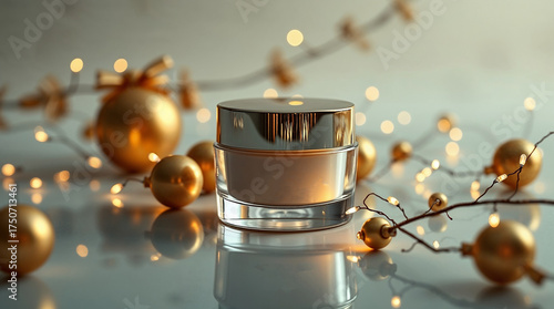 Luxury face cream jar with golden Christmas lights and ornaments