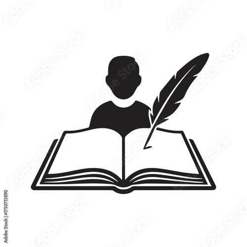 Author with quill pen writing in open book icon. Vintage writer, poet, or student silhouette. Literature and education symbol.
