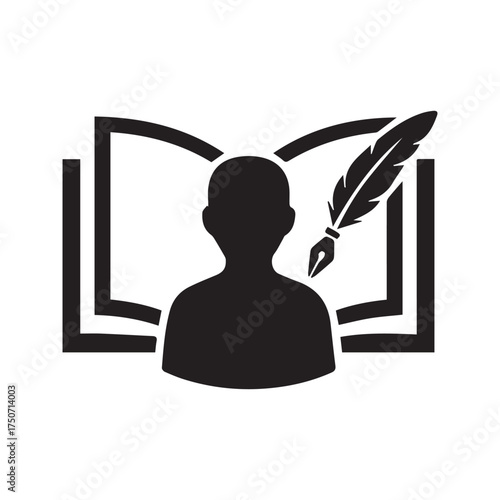 Author with quill pen writing in open book icon. Vintage writer, poet, or student silhouette. Literature and education symbol.
