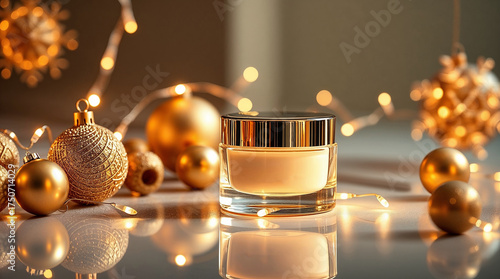 Luxury face cream jar with golden Christmas decorations and lights