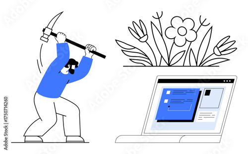 A person holding a pickaxe mining, symbolizing resource extraction, alongside digital elements on a laptop and vibrant flowers. Ideal for technology, growth, development, sustainability, nature