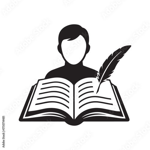 Author with quill pen writing in open book icon. Vintage writer, poet, or student silhouette. Literature and education symbol.

