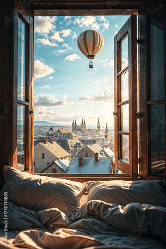 Cozy bed view with hot air balloon flying over snowy old town