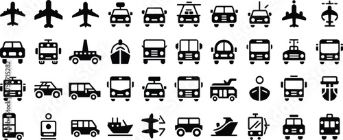 Transportation icon set, airplane car bus train ship symbols, travel and vehicle illustration, public transport design, logistics and travel concept