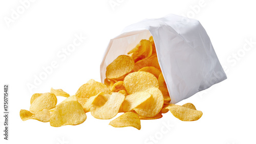 Golden crispy potato chips spilling from a white bag on clean table surface, scattered crunchy snack food concept isolated on white background