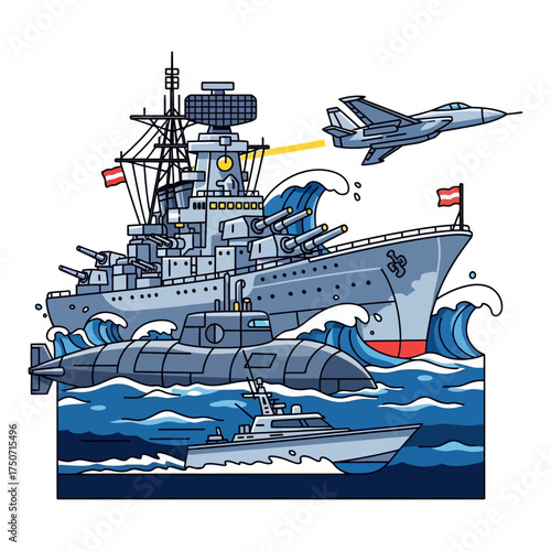 Naval fleet illustration A battleship submarine jet fighter and patrol boat in formation sailing on the sea for naval power concepts.