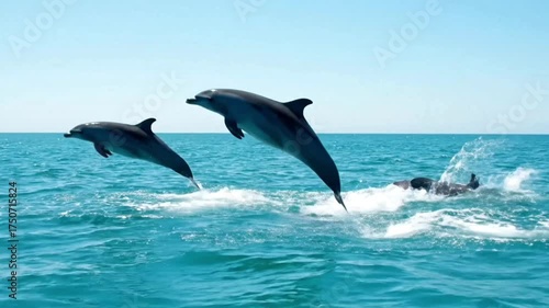 Two dolphins jumping joyfully out of the sparkling turquoise ocean waves