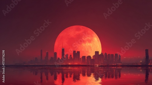 Stunning red moon rises over a skyline, casting a warm glow on the cityscape at twilight