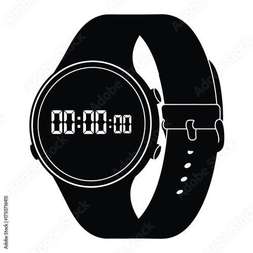 A black and white image of a digital watch displaying zeroes with a band and buckle detail silhouette