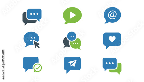 Chat message vector icon set. Communication glyph collection for social media, app, web. Includes send, like, play, click, group chat, mention, and notification symbols.