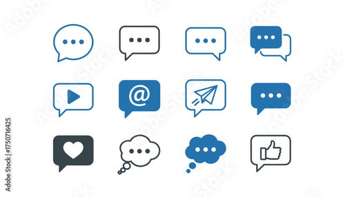 Chat message vector icon set. Speech bubble glyph collection. Communication symbols for dialogue, comment, social media. Like, send, email, video and notification signs.