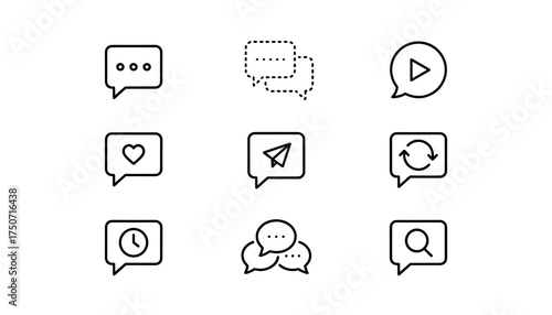 Chat message line icon set. Communication symbols collection. Vector icons for web and mobile apps. Speech bubble with send, like, search, video, typing, and conversation signs.