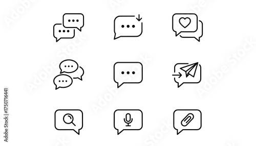 Chat message vector line icon set. Speech bubble, dialogue, communication symbol collection. Send, like, search, download, voice message, attach file. Social media UI UX element.