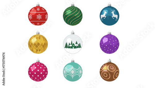 Vector set of realistic 3D Christmas balls. Holiday decoration ornament collection. Colorful Xmas tree baubles with snowflake and reindeer patterns. Isolated festive design elements.
