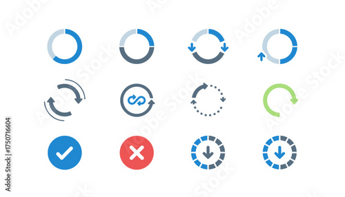 Set of 12 circular loading and buffering icons with refresh arrows, progress indicators, check and cross marks, modern UI elements, dynamic spin and progress