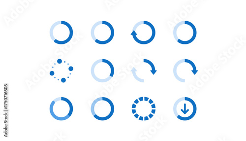 Vector set of circular loading and buffering icons. Progress indicators, preloaders, and spinners for UI design. Download, refresh, and waiting symbols. Animated web elements.