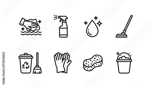 Cleaning service vector icon set. Household chores and housekeeping equipment symbols. Disinfection and hygiene thin line icons. Mop, bucket, spray, sponge, gloves.