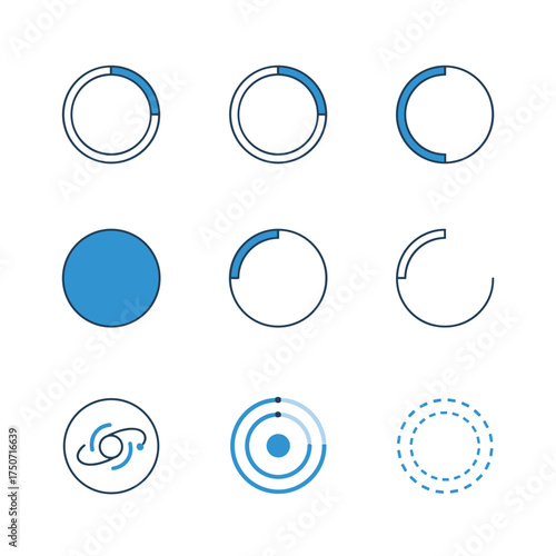 Circular loading icon set vector. Progress bar, buffering spinner collection. UI, UX web design element. Download status, preloader, wait symbol. Circle loader, pie chart, radar.