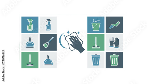 Cleaning icon set vector illustration. Household and janitorial service symbols for hygiene concept. Contains mop, broom, dustpan, bucket, gloves, spray bottle, trash can.