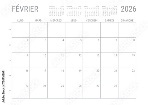 Février 2026 Calendrier Mensual Planificateur avec Numero de Semaine à imprimer A4	
