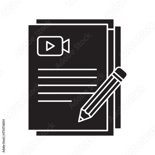 Video script glyph icon. Screenwriting, screenplay, and movie scenario symbol. Filmmaking and content creation planning document with a pencil. Silhouette.
