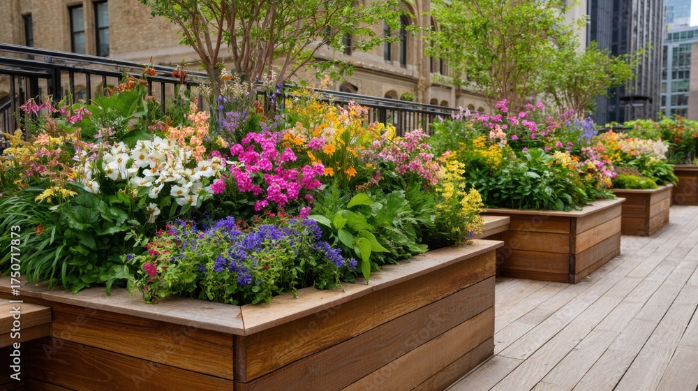 Fototapeta premium Rooftop garden showcases an array of vibrant flowers in numerous planters. Bright colors and lush greenery create a beautiful urban oasis under clear skies.