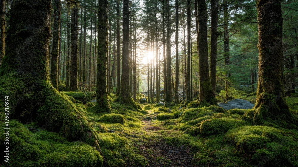 Fototapeta premium Bright sunlight shines through tall trees in a lush forest. Soft moss covers the ground while a peaceful path invites exploration. Nature thrives in harmony and beauty at dawn.