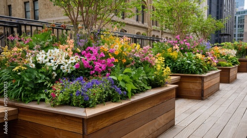 Wallpaper Mural Rooftop garden showcases an array of vibrant flowers in numerous planters. Bright colors and lush greenery create a beautiful urban oasis under clear skies. Torontodigital.ca