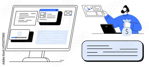 Computer monitor displaying digital interface with forms and a person holding cash near a laptop. Ideal for e-commerce, finance, transaction process, payment systems, online services, business