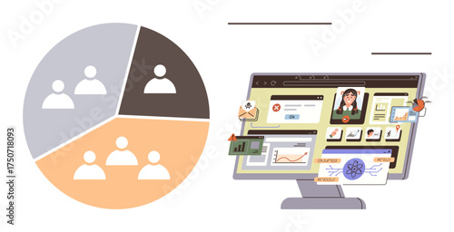 Team division chart and computer screen displaying user profiles, charts, and analytics. Ideal for teamwork, productivity, data analysis, strategy, communication, remote work simple flat metaphor