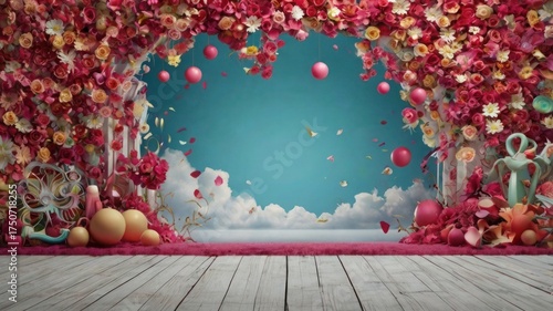 Floral archway with pink ornaments and falling petals