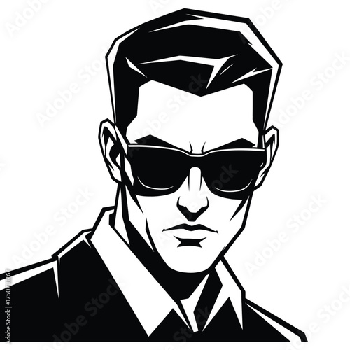 Illustration of a man with sunglasses and suit in black and white minimalist style art silhouette