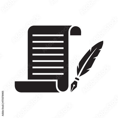 Ancient scroll and quill pen glyph icon. Historical manuscript, old letter, or poetry writing symbol. Vintage parchment document silhouette for literature and history.

